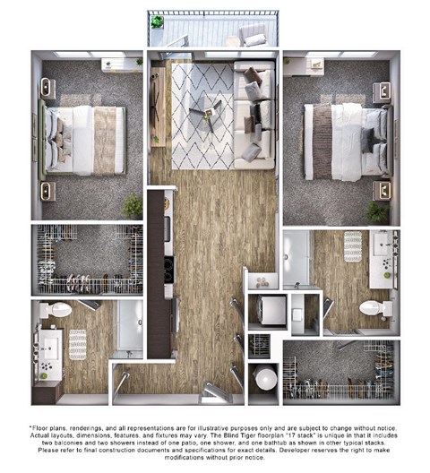 Floor plan for 2 beds, 2 baths, 1003 sqft